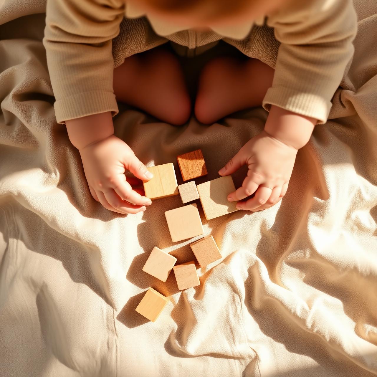 Rączki dziecka bawiące się drewnianymi klockami montessori